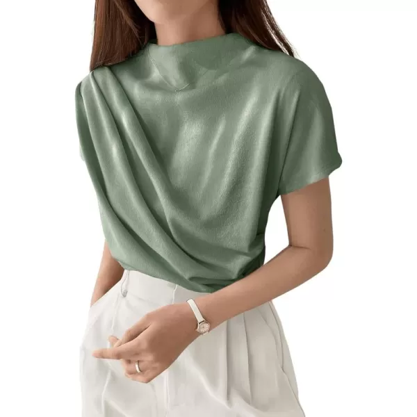 SweatyRocks Women's Casual Short Sleeve Mock Neck Tee Top Asymmetric Ruched Plain T Shirt