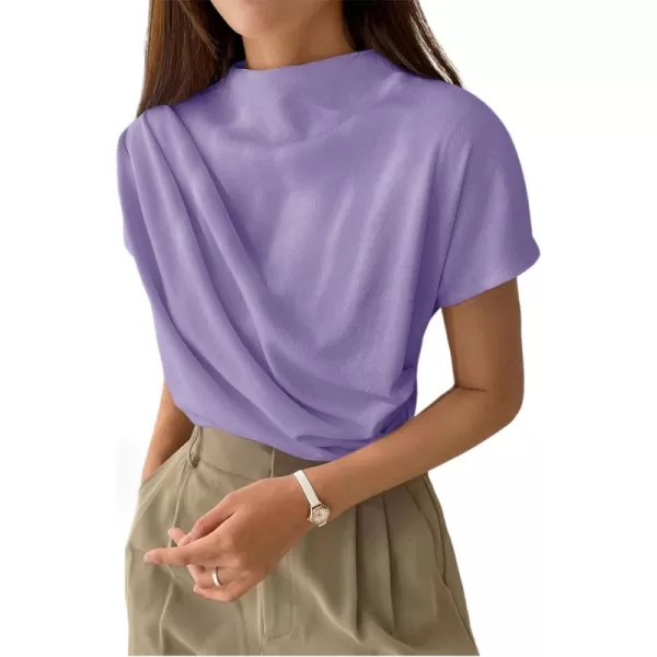 SweatyRocks Women's Casual Short Sleeve Mock Neck Tee Top Asymmetric Ruched Plain T Shirt