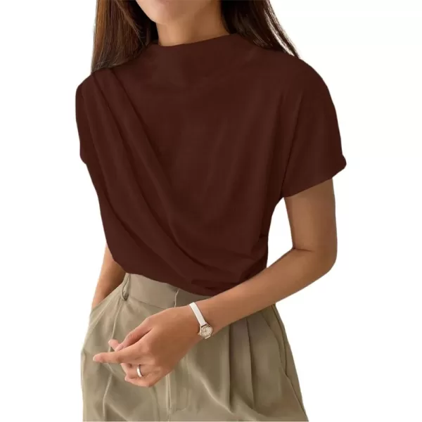 SweatyRocks Women's Casual Short Sleeve Mock Neck Tee Top Asymmetric Ruched Plain T Shirt
