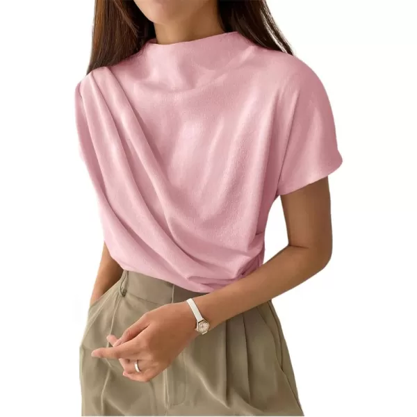 SweatyRocks Women's Casual Short Sleeve Mock Neck Tee Top Asymmetric Ruched Plain T Shirt