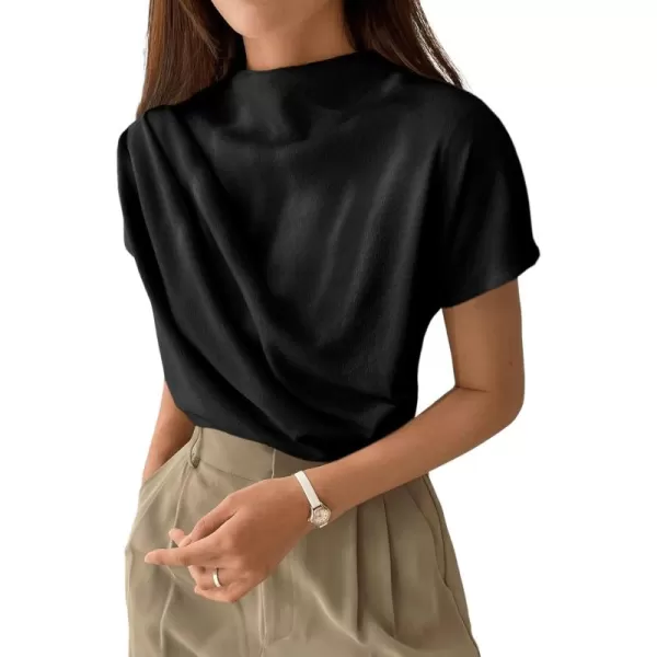 SweatyRocks Women's Casual Short Sleeve Mock Neck Tee Top Asymmetric Ruched Plain T Shirt