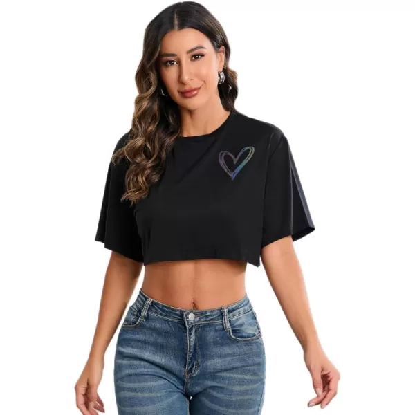 SweatyRocks Women's Casual Short Sleeve Round Neck Reflective Graphic Print Crop Top Tee Shirt