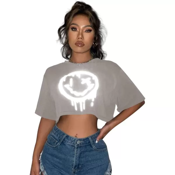 SweatyRocks Women's Casual Short Sleeve Round Neck Reflective Graphic Print Crop Top Tee Shirt