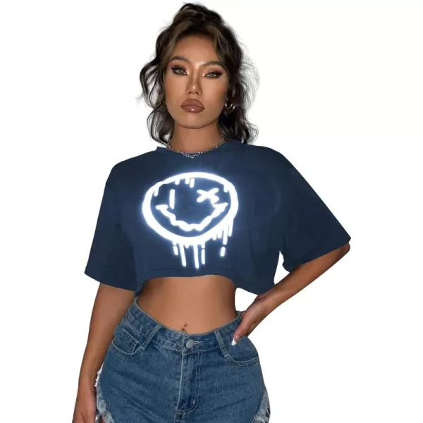 SweatyRocks Women's Casual Short Sleeve Round Neck Reflective Graphic Print Crop Top Tee Shirt