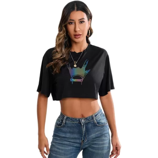 SweatyRocks Women's Casual Short Sleeve Round Neck Reflective Graphic Print Crop Top Tee Shirt