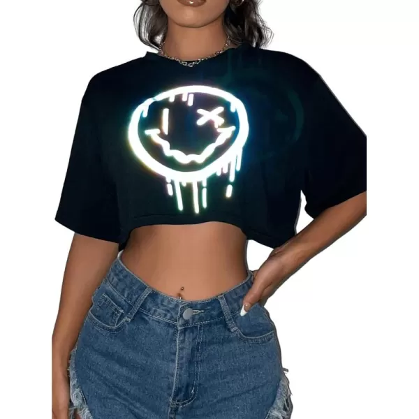 SweatyRocks Women's Casual Short Sleeve Round Neck Reflective Graphic Print Crop Top Tee Shirt