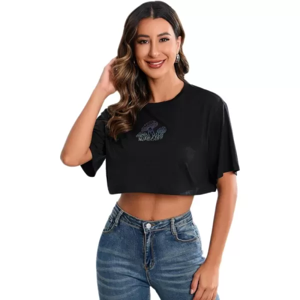 SweatyRocks Women's Casual Short Sleeve Round Neck Reflective Graphic Print Crop Top Tee Shirt