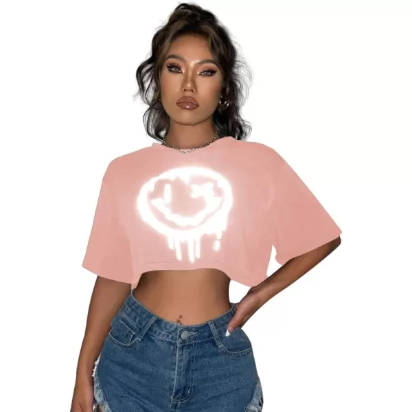 SweatyRocks Women's Casual Short Sleeve Round Neck Reflective Graphic Print Crop Top Tee Shirt