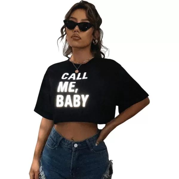 SweatyRocks Women's Casual Short Sleeve Round Neck Reflective Graphic Print Crop Top Tee Shirt