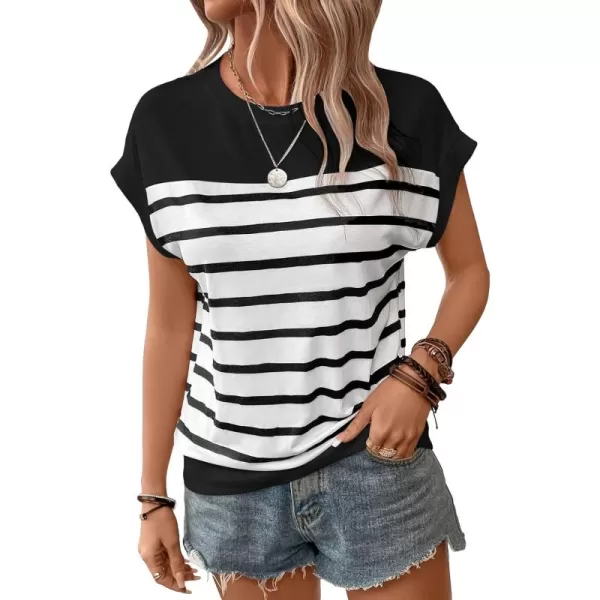 SweatyRocks Women's Casual Short Sleeve Round Neck Stripe Print Pullover Tee Shirt Top