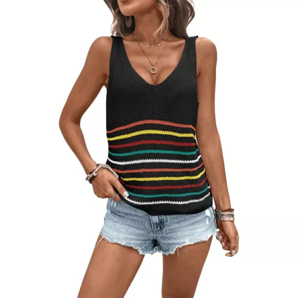 SweatyRocks Women's Casual Stripe V Neck Sleeveless Sweater Vests Ribbed Knit Tank Vests
