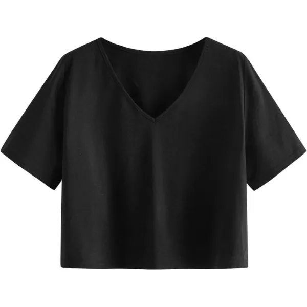 SweatyRocks Women's Casual V Neck Short Sleeve Soild Basic Crop Top T-Shirt