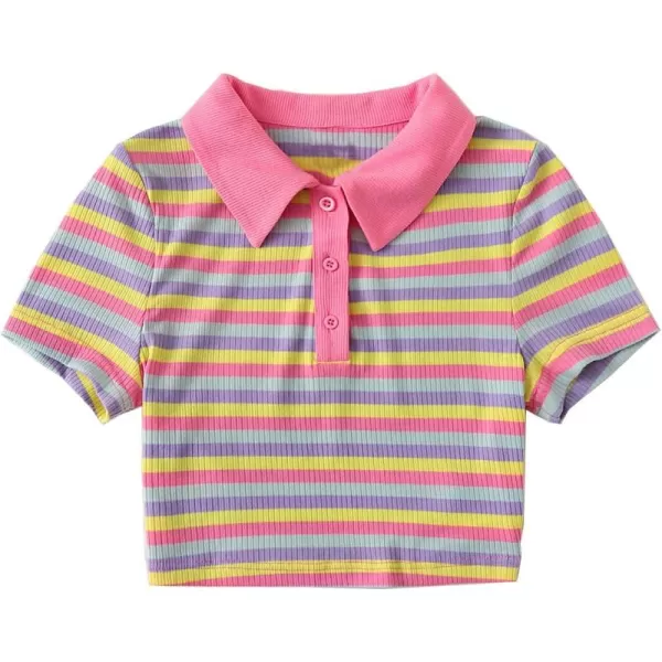 SweatyRocks Women's Collar Half Button Short Sleeve Striped Crop Top T-Shirts