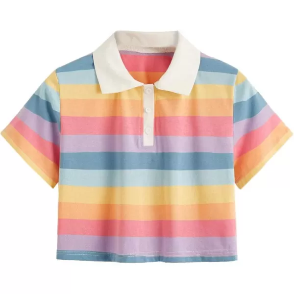 SweatyRocks Women's Collar Half Button Short Sleeve Striped Crop Top T-Shirts