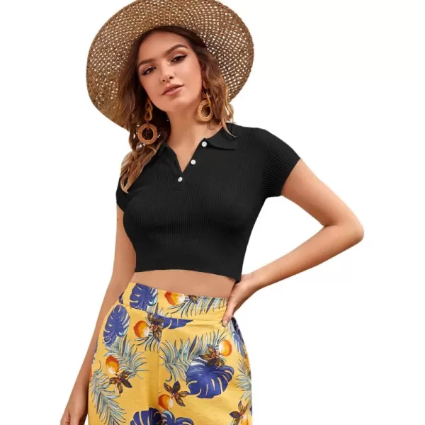SweatyRocks Women's Collar Half Button Short Sleeve Striped Crop Top T-Shirts