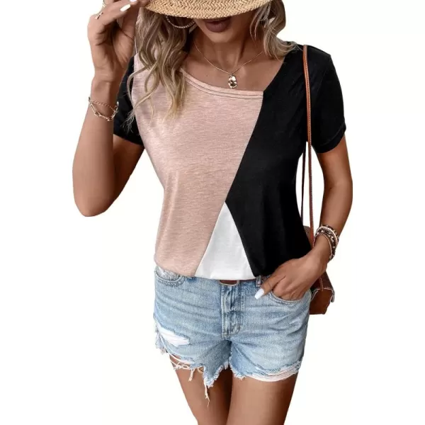 SweatyRocks Women's Colorblock Asymmetrical Neck T Shirt Short Sleeve Casual Summer Tee Tops