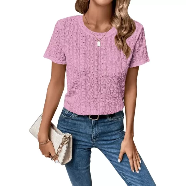 SweatyRocks Women's Eyelet Embroidery Short Sleeve Tops Shirts Solid Crewneck Retro Plain Casual Holiday T-Shirts