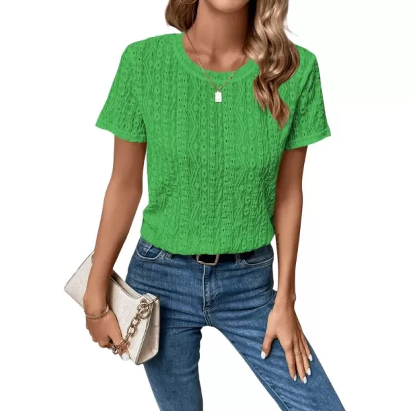 SweatyRocks Women's Eyelet Embroidery Short Sleeve Tops Shirts Solid Crewneck Retro Plain Casual Holiday T-Shirts
