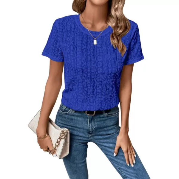 SweatyRocks Women's Eyelet Embroidery Short Sleeve Tops Shirts Solid Crewneck Retro Plain Casual Holiday T-Shirts
