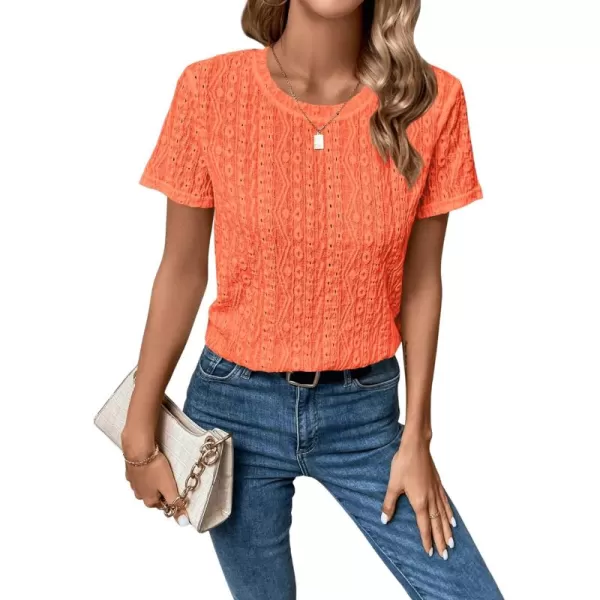 SweatyRocks Women's Eyelet Embroidery Short Sleeve Tops Shirts Solid Crewneck Retro Plain Casual Holiday T-Shirts