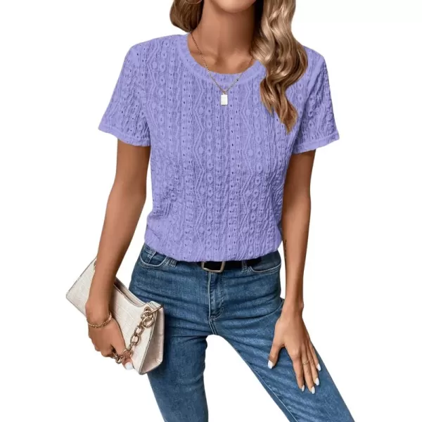 SweatyRocks Women's Eyelet Embroidery Short Sleeve Tops Shirts Solid Crewneck Retro Plain Casual Holiday T-Shirts