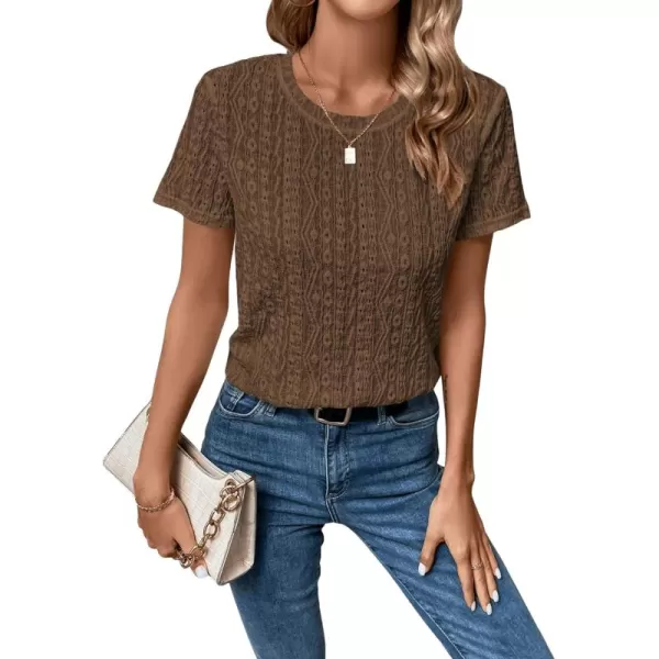 SweatyRocks Women's Eyelet Embroidery Short Sleeve Tops Shirts Solid Crewneck Retro Plain Casual Holiday T-Shirts