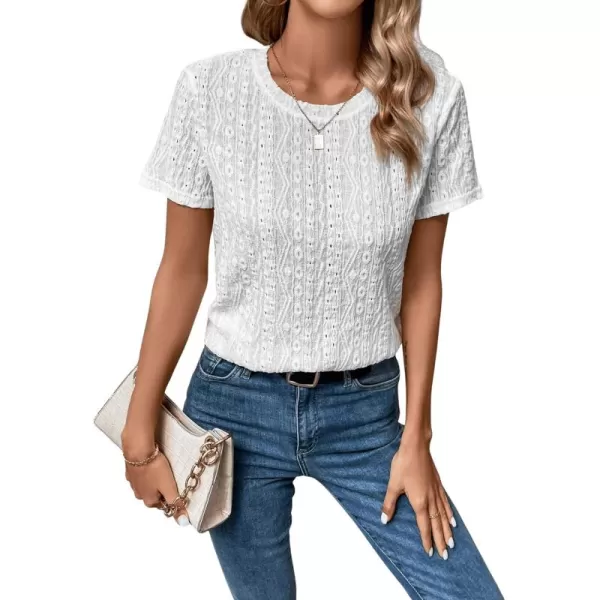 SweatyRocks Women's Eyelet Embroidery Short Sleeve Tops Shirts Solid Crewneck Retro Plain Casual Holiday T-Shirts
