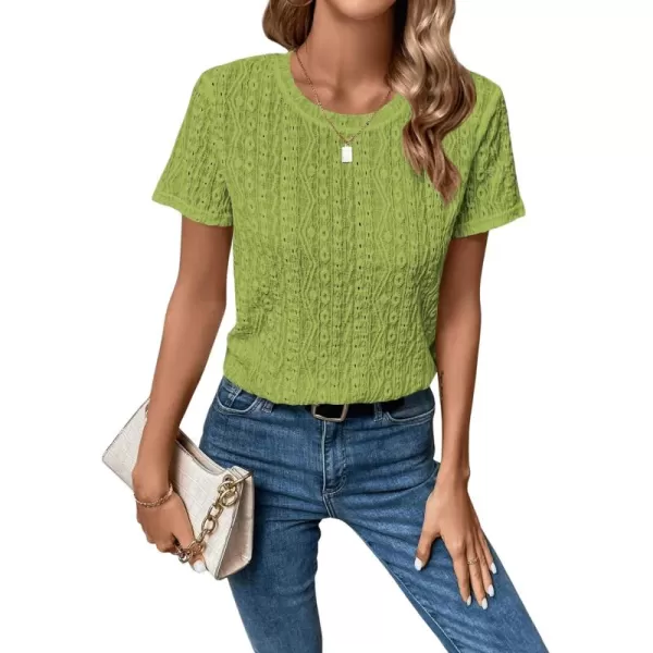 SweatyRocks Women's Eyelet Embroidery Short Sleeve Tops Shirts Solid Crewneck Retro Plain Casual Holiday T-Shirts