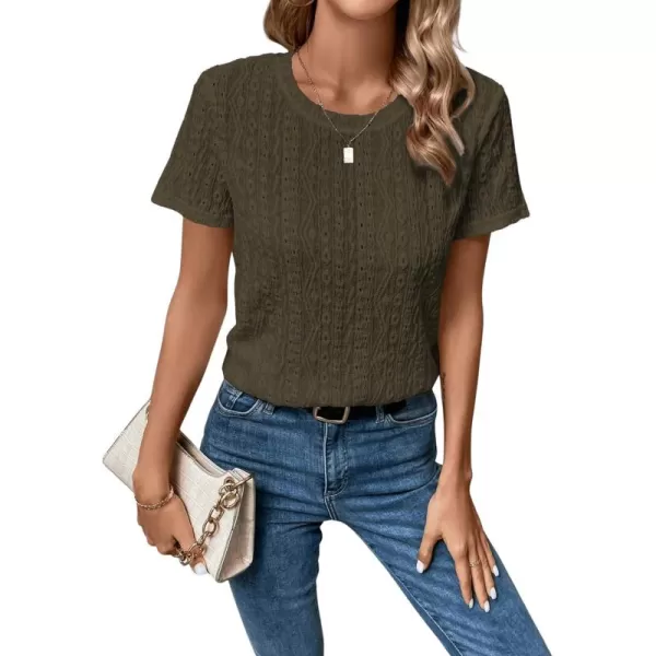 SweatyRocks Women's Eyelet Embroidery Short Sleeve Tops Shirts Solid Crewneck Retro Plain Casual Holiday T-Shirts
