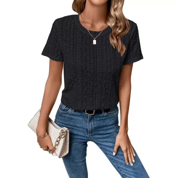SweatyRocks Women's Eyelet Embroidery Short Sleeve Tops Shirts Solid Crewneck Retro Plain Casual Holiday T-Shirts