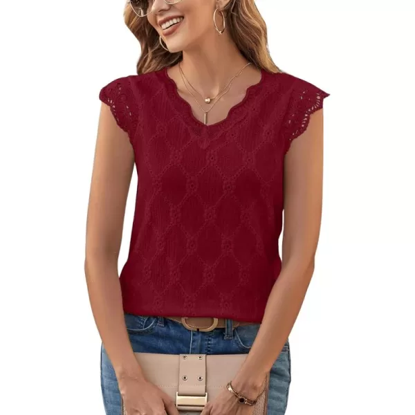 SweatyRocks Women's Floral Lace Scallop Trim Cap Sleeve Eyelet Embroidery V Neck Tee Shirt