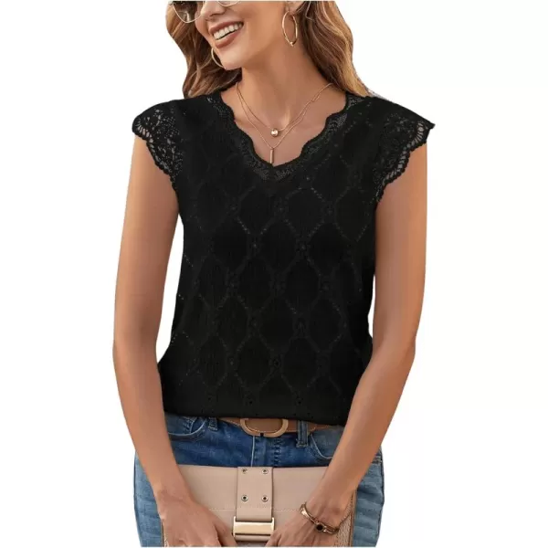 SweatyRocks Women's Floral Lace Scallop Trim Cap Sleeve Eyelet Embroidery V Neck Tee Shirt
