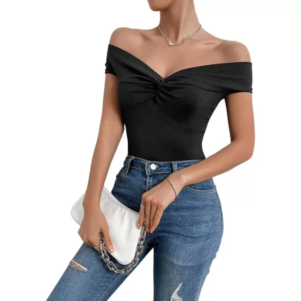 SweatyRocks Women's Off Shoulder Twist Front Ribbed Knit Short Sleeve Tops Casual Elegant Slim Fit Tee Shirts