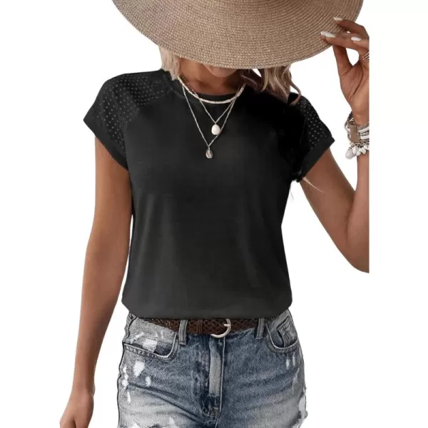SweatyRocks Women's Raglan Short Sleeve Round Neck T Shirt Eyelet Embroidery Solid Tee Top