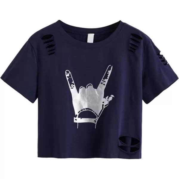 SweatyRocks Women's Short Sleeve T Shirt Graphic Print Distressed Crop Top