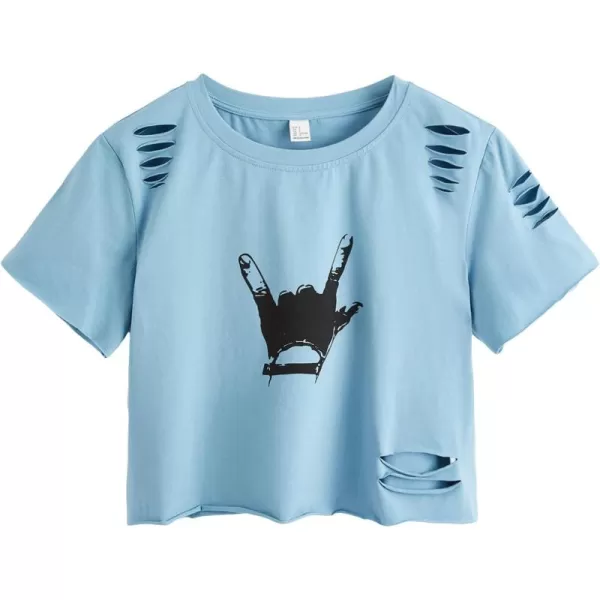 SweatyRocks Women's Short Sleeve T Shirt Graphic Print Distressed Crop Top