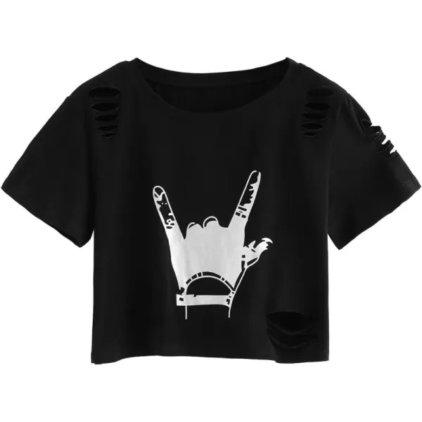SweatyRocks Women's Short Sleeve T Shirt Graphic Print Distressed Crop Top