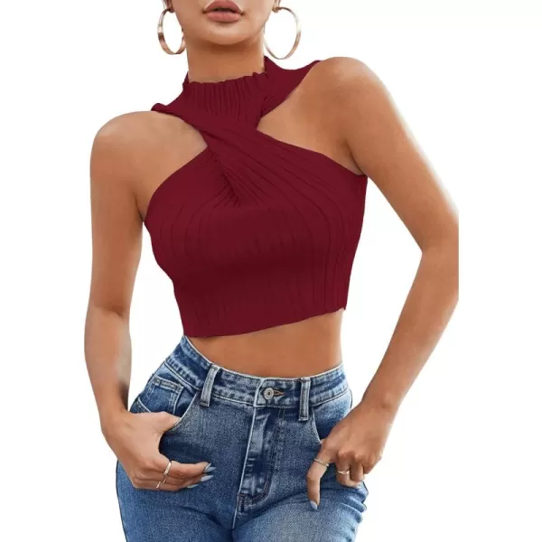 SweatyRocks Women's Sleeveless Halter Twist Front Crop Top Slim Fit Ribbed Knit Vest Tank Tops