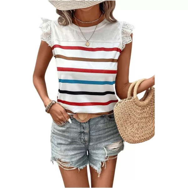 SweatyRocks Women's Striped Pattern Cap Sleeve Tee Shirt Crewneck Eyelet Embroidery Tops