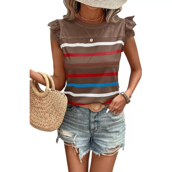SweatyRocks Women's Striped Pattern Cap Sleeve Tee Shirt Crewneck Eyelet Embroidery Tops