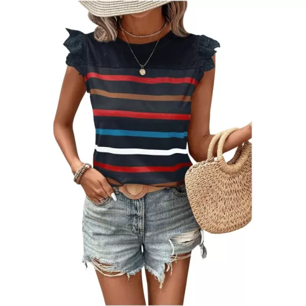 SweatyRocks Women's Striped Pattern Cap Sleeve Tee Shirt Crewneck Eyelet Embroidery Tops