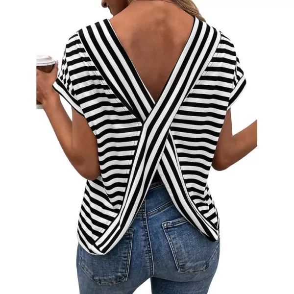 SweatyRocks Women's V-Cut Criss Cross Back Short Sleeve Tee Shirts Casual Summer Crew Neck Backless Tops