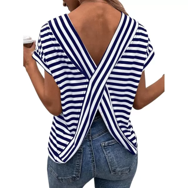 SweatyRocks Women's V-Cut Criss Cross Back Short Sleeve Tee Shirts Casual Summer Crew Neck Backless Tops