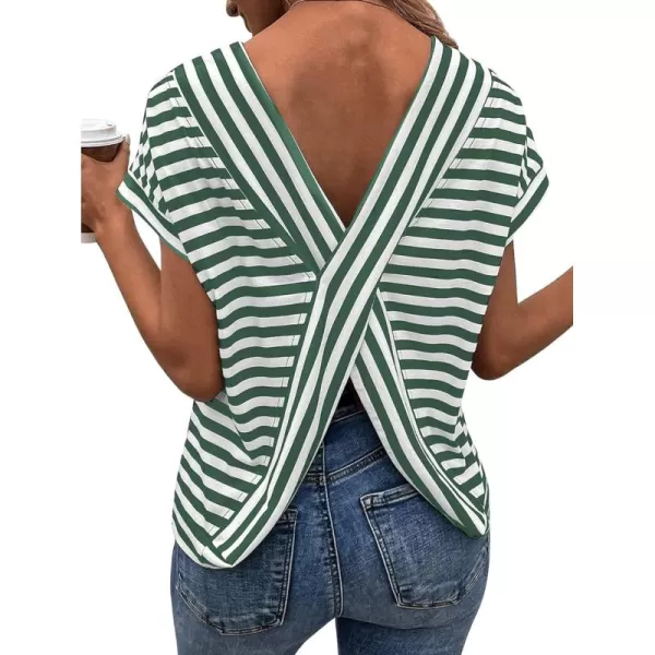 SweatyRocks Women's V-Cut Criss Cross Back Short Sleeve Tee Shirts Casual Summer Crew Neck Backless Tops