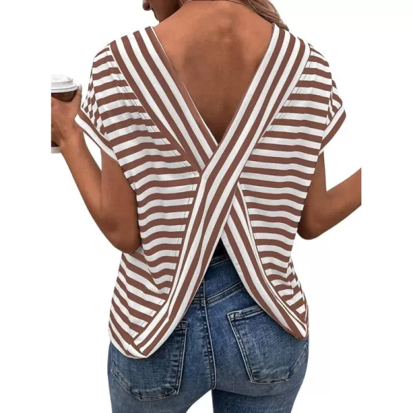 SweatyRocks Women's V-Cut Criss Cross Back Short Sleeve Tee Shirts Casual Summer Crew Neck Backless Tops