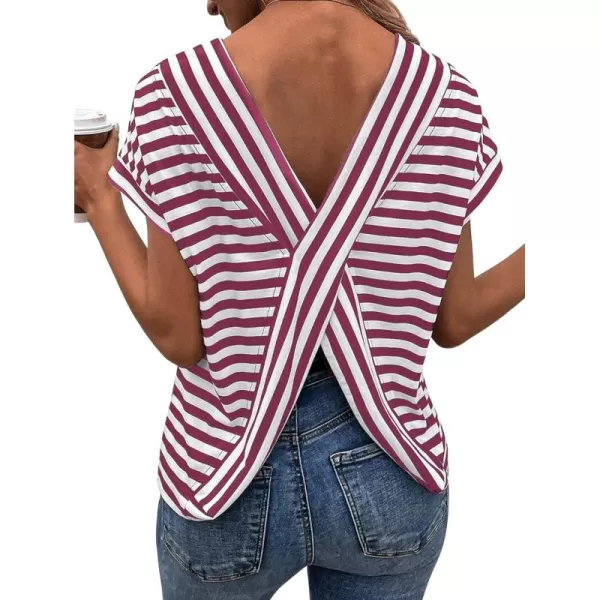SweatyRocks Women's V-Cut Criss Cross Back Short Sleeve Tee Shirts Casual Summer Crew Neck Backless Tops