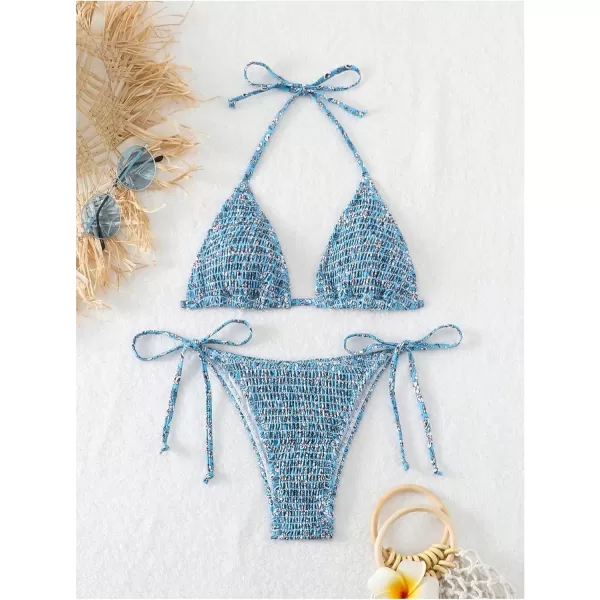 SweatyRocks Women's 2 Piece Triangle Bathing Suit Halter Top ​Tie Side Thong Bikini Swimsuits