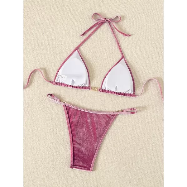 SweatyRocks Women's 2 Piece Triangle Bathing Suit Halter Top ​Tie Side Thong Bikini Swimsuits