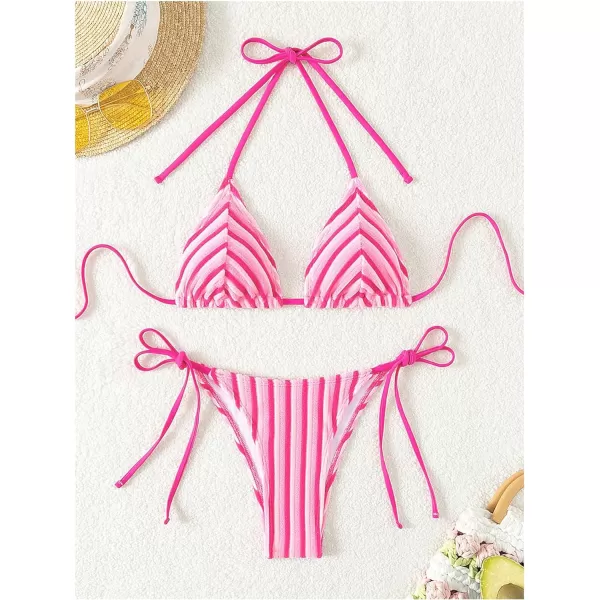 SweatyRocks Women's 2 Piece Triangle Bathing Suit Halter Top ​Tie Side Thong Bikini Swimsuits