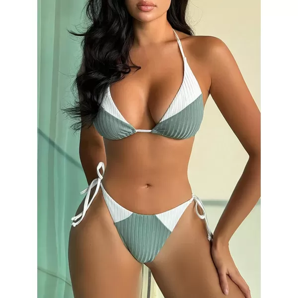 SweatyRocks Women's 2 Piece Triangle Bathing Suit Halter Top ​Tie Side Thong Bikini Swimsuits